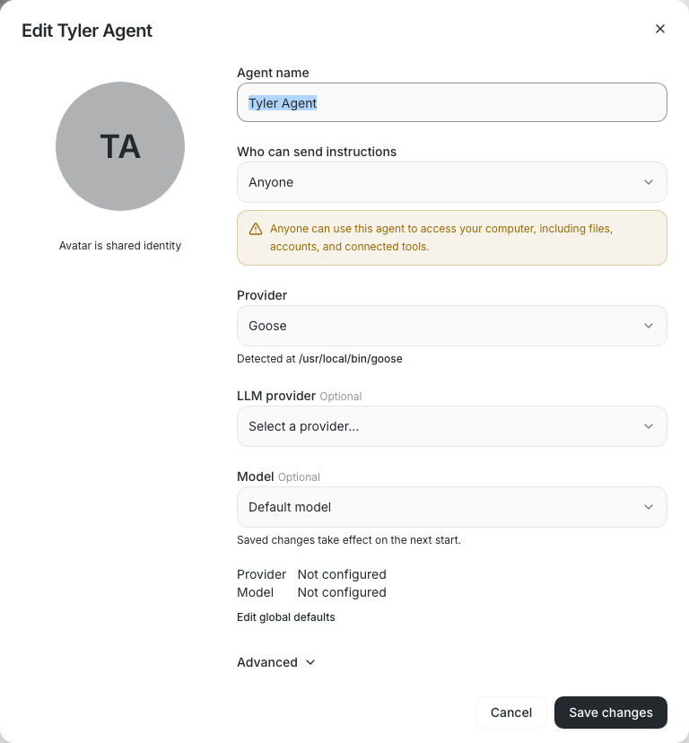 Editable agent access control before the change