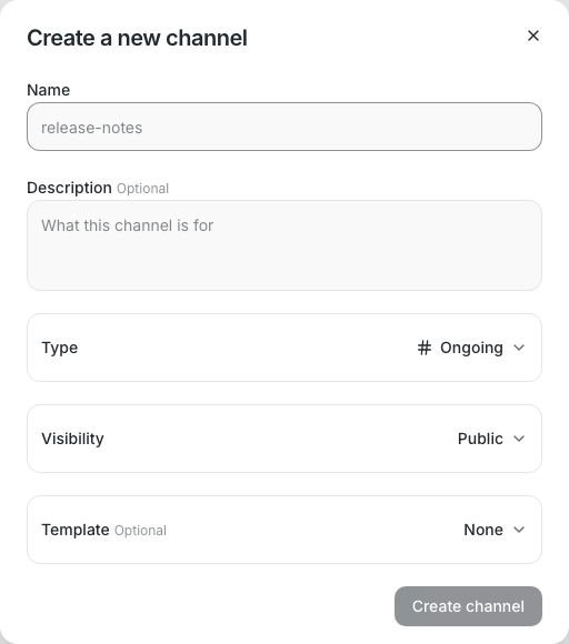 New Channel with Type, Visibility, and optional Template