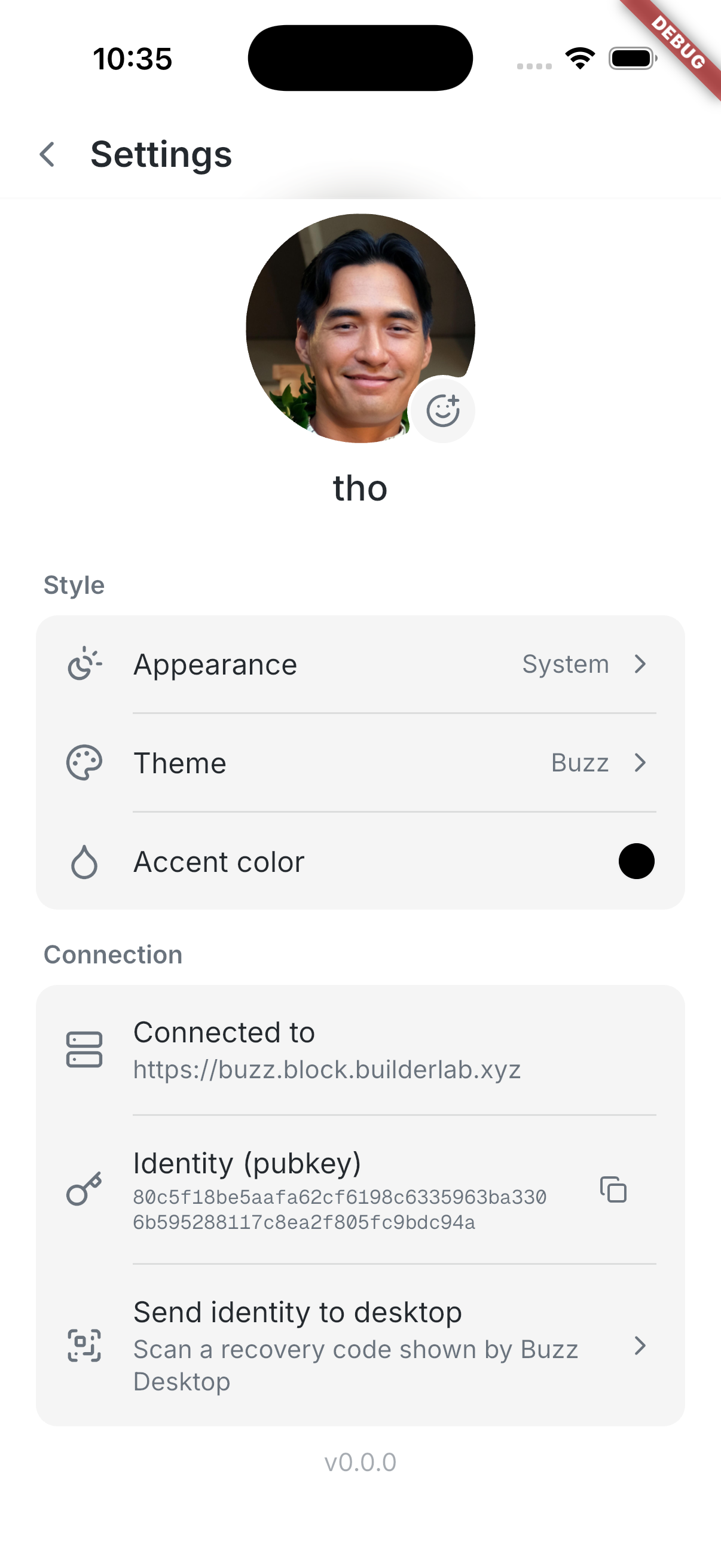 iOS Settings entry for Send identity to desktop