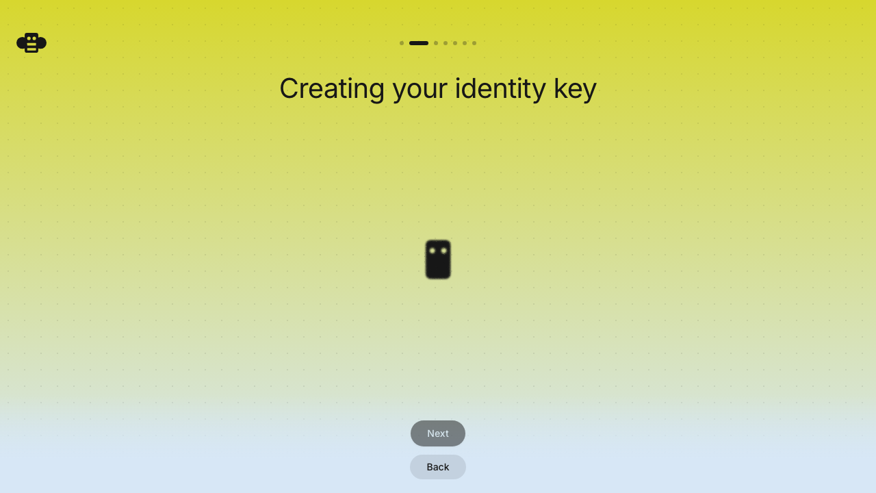After: key creation screen with disabled Next and enabled Back