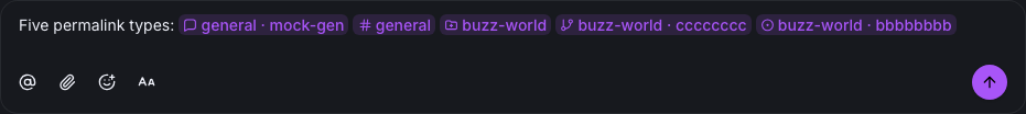 Composer with all Buzz permalink pill types in Houston dark theme and purple accent