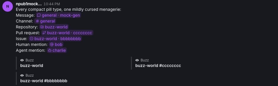 Message list with all Buzz permalink pill types in Houston dark theme and purple accent