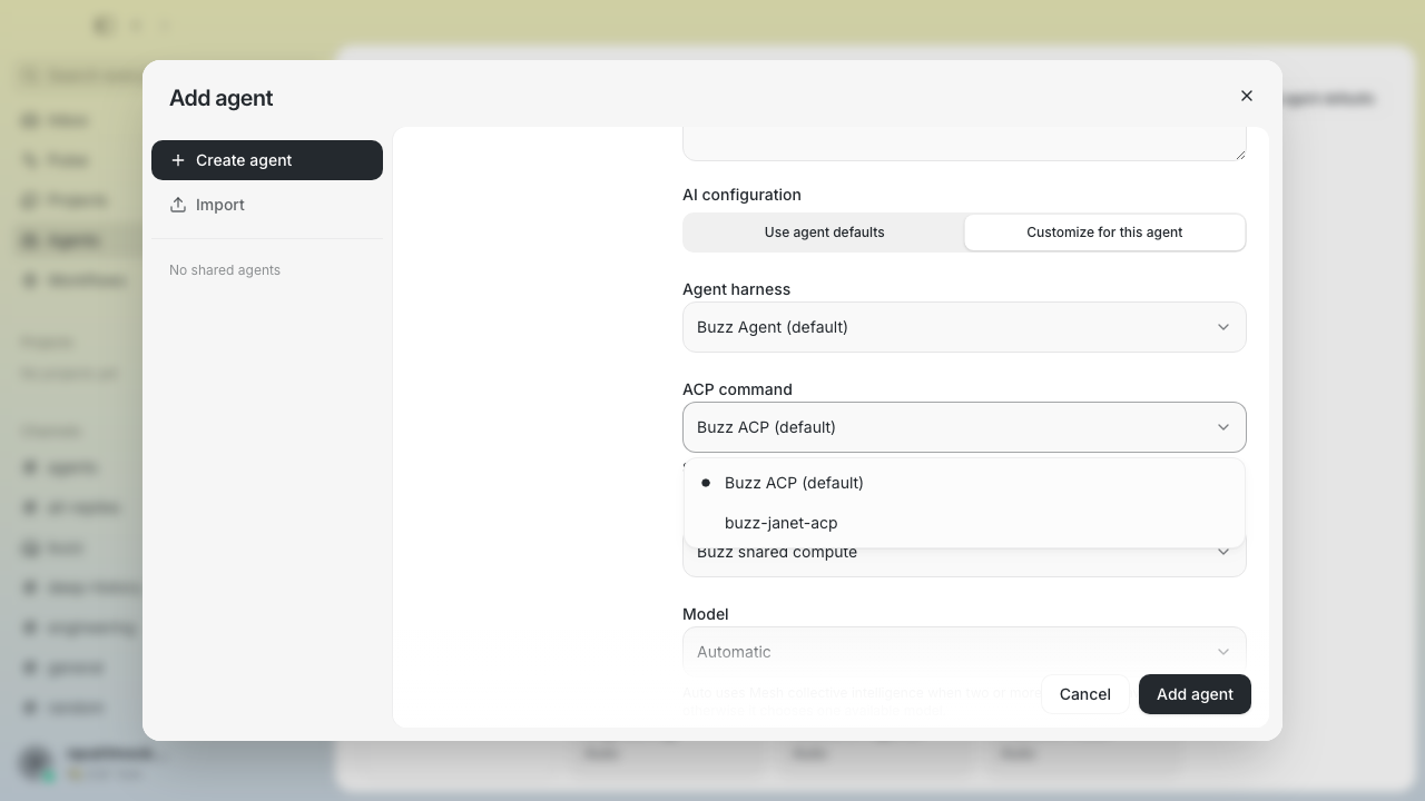 ACP command menu offering Buzz ACP and buzz-janet-acp