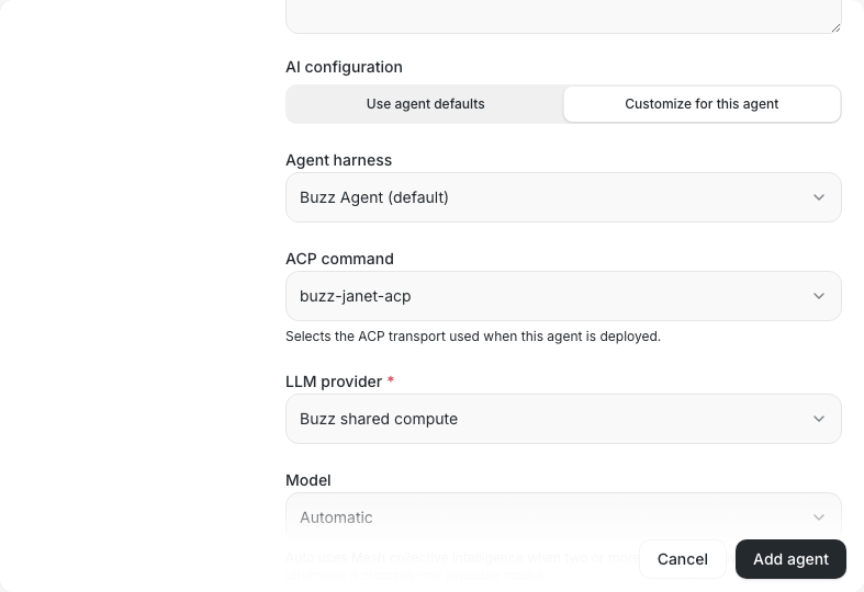 Create-agent form with buzz-janet-acp selected