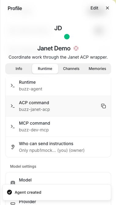 Deployed agent Runtime profile showing buzz-janet-acp