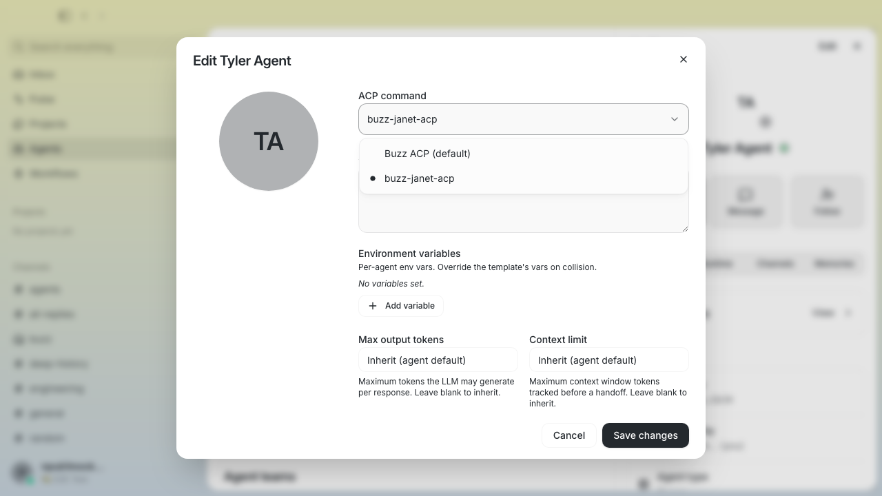 ACP command picker showing buzz-janet-acp